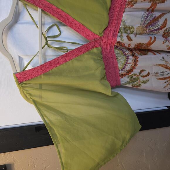 Anthro A'Reve Women's Mini Dress w/ Green Sheer Sleeves & Floral Skirt- Medium - Picture 2 of 8